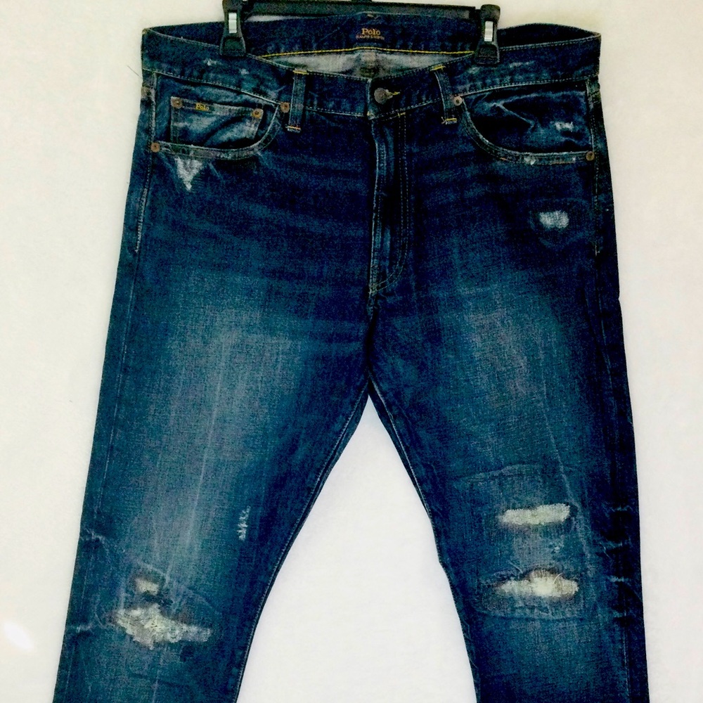 NWOT POLO RALPH LAUREN MEN'S THE VARICK SLIM STRAIGHT FIT DISTRESSED BLUE  JEAN
